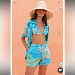 cult gaia rayn blue & green landscape printed button up silk shirt blouse top